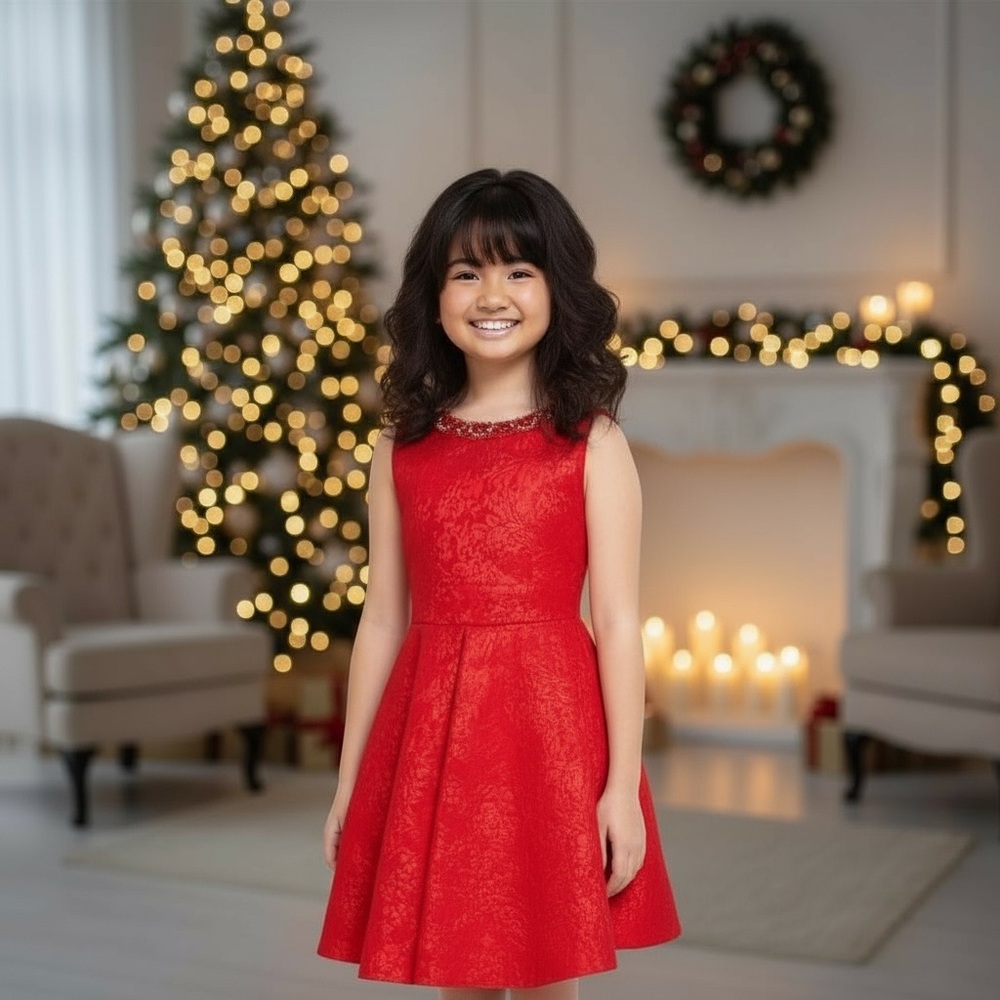 NWT Rare Editions Girls Red Brocade‎ Dress Jewel Neckline Christmas Holiday